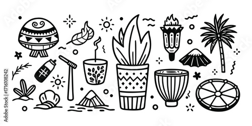 Doodle art summer beach vibes tropical vacation elements palm tree drinks and sun icons