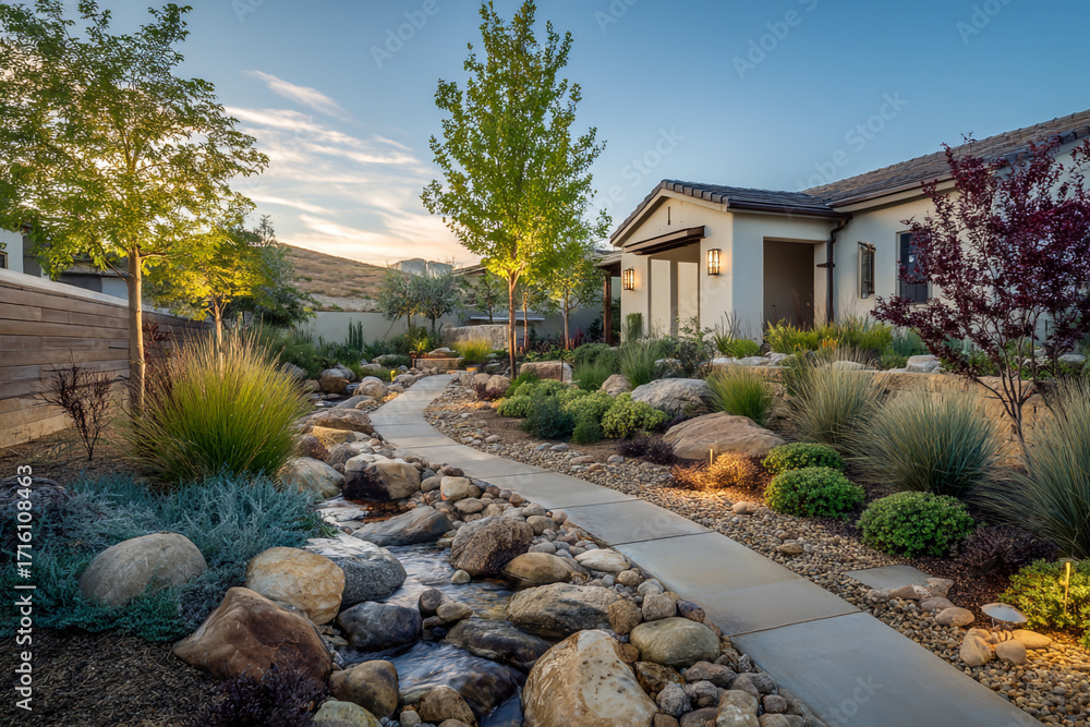 Obraz premium Xeriscape garden with stream and modern house at sunset