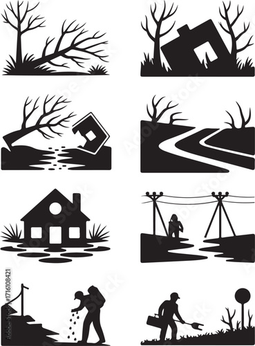 Disaster icons show nature's impact on homes and roads