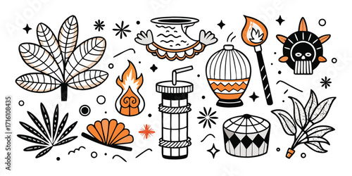 Whimsical collection of mystical objects and botanical elements with occult symbolism