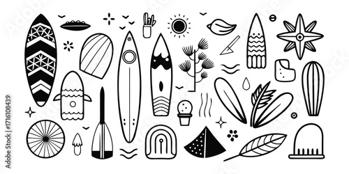 Collection of hand-drawn summer beach icons including surfboards and seashells in a playful doodle style
