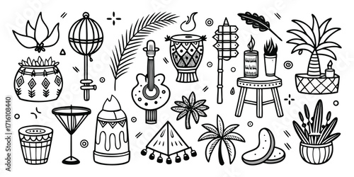 Whimsical summer party elements tropical beach vibes guitar cocktails lanterns and plants line art