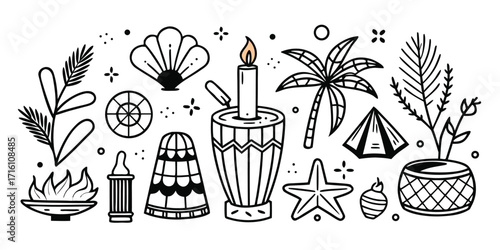 Whimsical hand-drawn beach and summer elements collection with seashells palm tree candle and starfish
