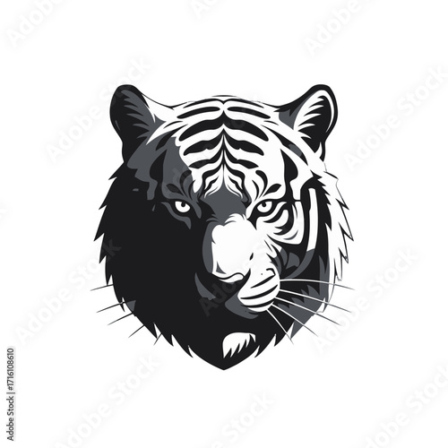 Fierce black and white tiger head illustration showcasing detailed facial features and intense gaze