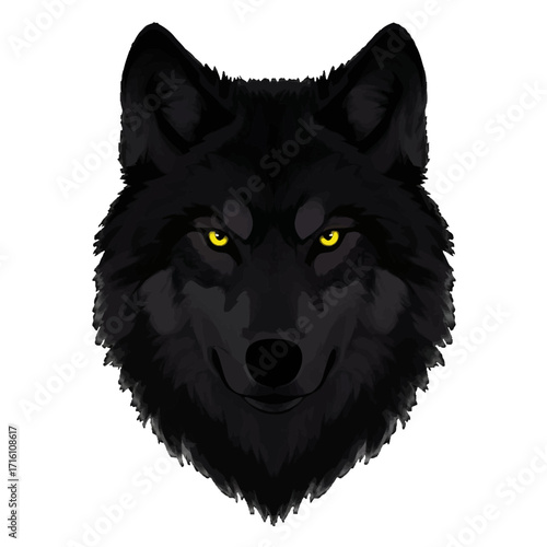 Fierce black wolf head illustration with piercing yellow eyes, set against a plain background