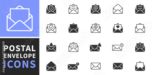 Set of mail envelope icon. Closed envelope, opened letter, with checkmark and email. E-mail icon, sign of an incoming unopened message. Folded and unfolded envelope mockup. Vector illustration