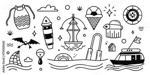 Whimsical hand-drawn summer beach and nautical scene elements collection