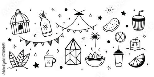 Hand drawn summer elements collection featuring lanterns drinks fruit and festive banners outdoor decor