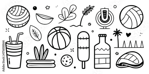 Summer beach vibes hand drawn elements volleyball drink food palm tree surfing icons