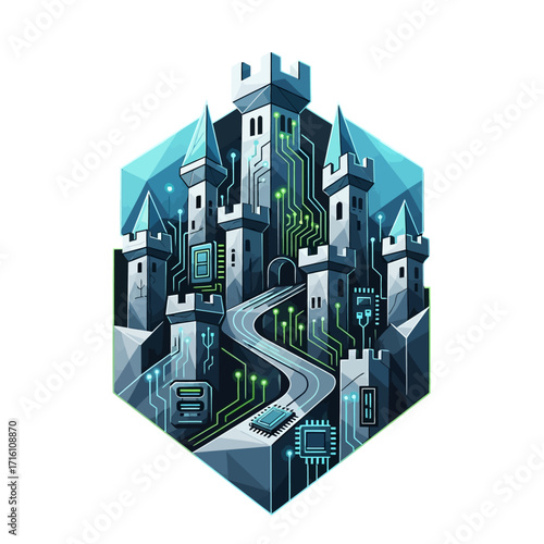 Futuristic castle with technology elements surrounded by digital circuits and pathways, symbolizing innovation