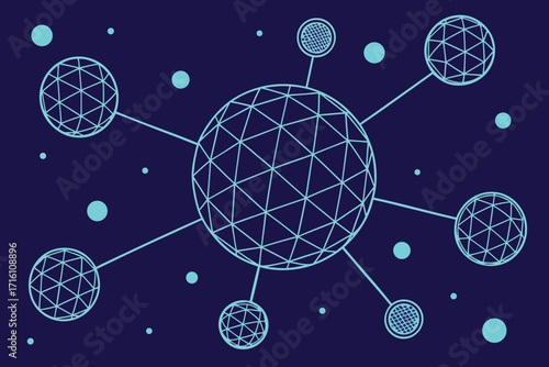 Network of interconnected spheres and geometric shapes on dark blue background connection technology