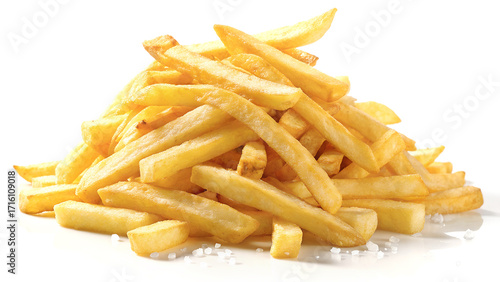 Golden Brown Crispy French Fries Piled High on a Clean White Surface Ready to Be Served as a Delicious Snack or Side Dish