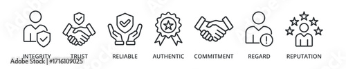 Credibility banner icon with integrity, trust, reliable, authentic, commitment, regard, reputation