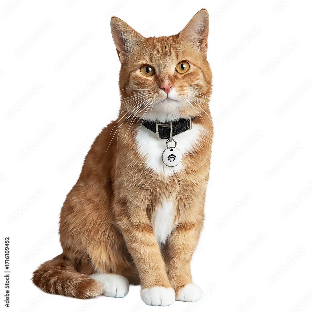 Obraz premium Ginger cat sitting with collar and tag on a isolated on transparent background