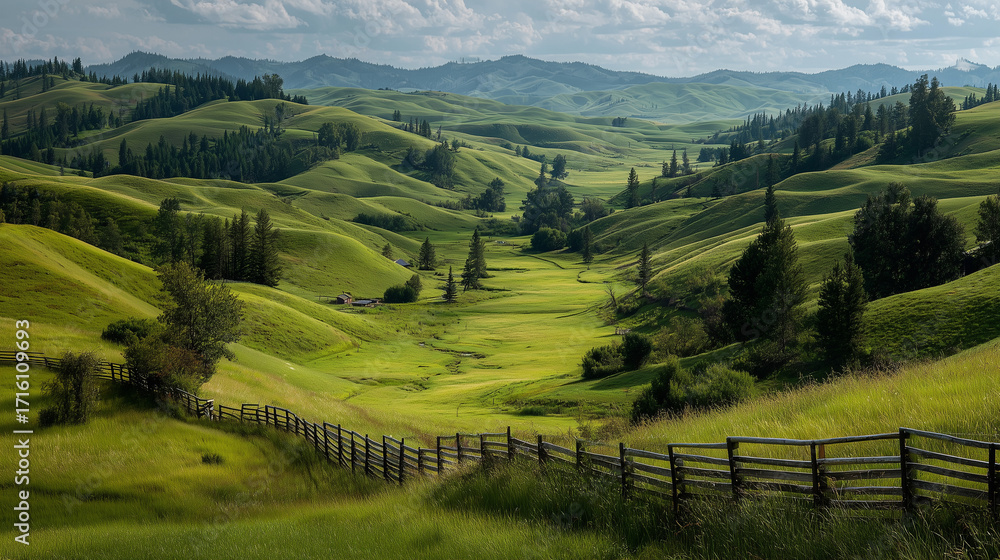 Obraz premium Rolling green hills with trees and a wooden fence under a soft cloudy sky. Peaceful rural landscape bathed in sunlight