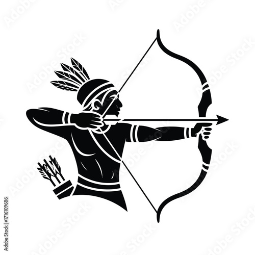 Stylized black and white vector illustration of an archer drawing a bow for eps export silhouette vector illustration white background