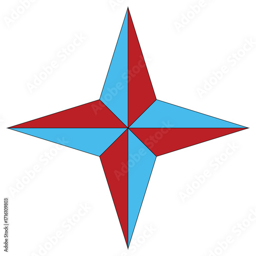Flat vector compass star icon in red and blue colors, suitable for nautical, navigation, and travel design projects.