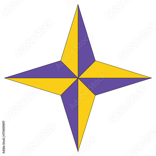 Flat vector compass star icon in yellow and purple colors, ideal for navigation, adventure, and exploration design.
