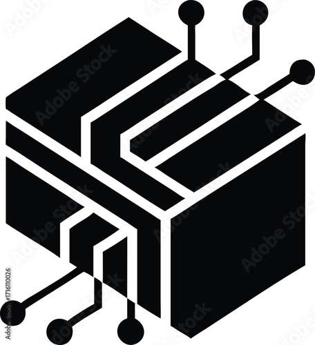 Abstract digital network cube icon represents technology innovation connectivity and data flow vector