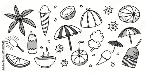 Summer vibes hand drawn icons of beach fun tropical fruits sun and ice cream
