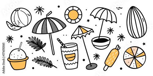 Summer beach icons collection fun tropical getaway paradise holiday vibes