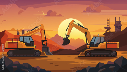 Vector art of two excavators working at a construction site against the backdrop of a sunset, mountains, and industrial buildings in a vector illustration