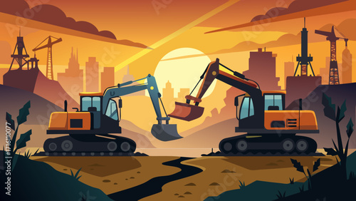 Vector art of vibrant illustration of two excavators working at sunset in a construction site with city skyline, capturing industrial progress and development