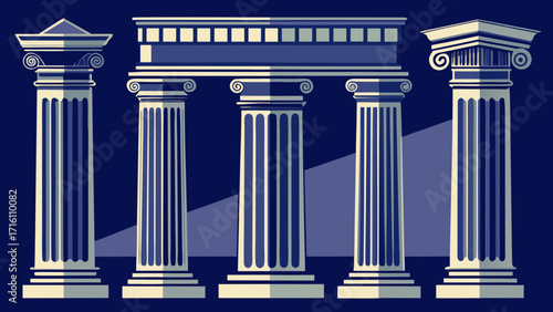 Vector art of a collection of classical architectural columns and entablatures in a stylized vector illustration on a dark blue background