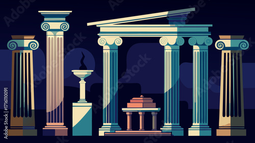 Vector art of various ancient greek and roman architectural elements, including columns, pedestals, and ruins, in a stylized vector illustration