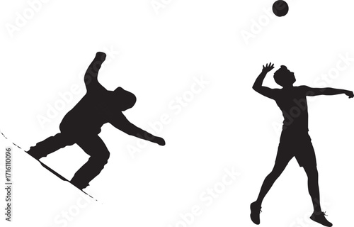 Silhouette Sports Snowboarder and Volleyball Player in Action