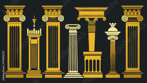 Vector art of a collection of ornate greek columns, showcasing the diverse styles and intricate details of classical architectural design
