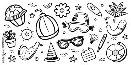 Doodle collection of beach and summer essentials for fun and relaxation