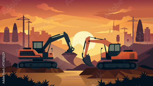 Vector art of two excavators face each other on a construction site at sunset, with city buildings in the background, creating a dynamic industrial scene