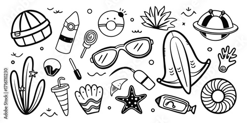 Summer beach essentials hand-drawn style collection of surfboard sunglasses towel and more