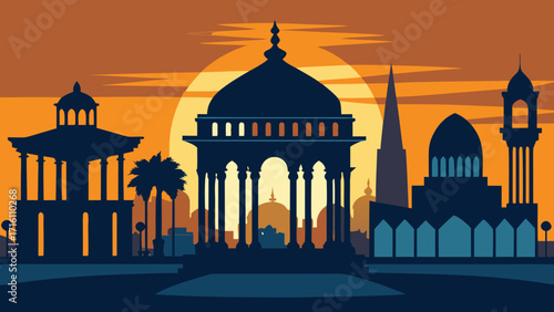 Vector art of silhouette of historical buildings against a sunset sky, capturing the essence of a citys heritage and architectural grandeur