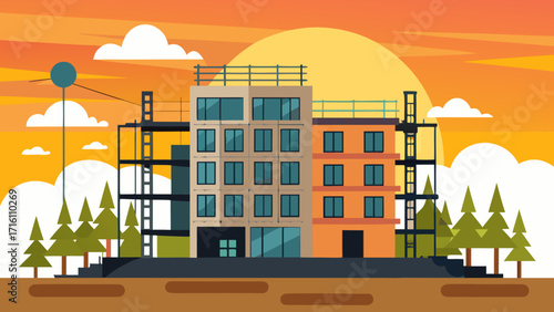 Vector art of construction site of a new building with scaffolding and crane against the backdrop of a sunset, symbolizing progress and development