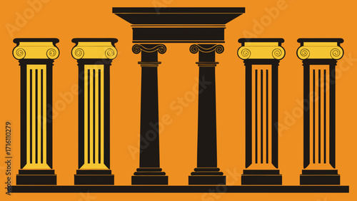 Illustration of an ancient greek temple facade with columns, showcasing classical architectural design and historical significance on orange background