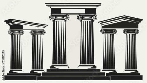 Vector art of detailed black and white illustration of various ancient greek temple facades with columns, showcasing classical architectural design on