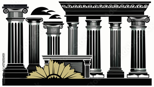 Vector art of detailed illustration of classical architectural elements, showcasing various column styles and ornate designs