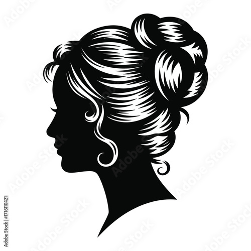 Elegant black silhouette woman's profile with elaborate hairstyle vector illustration eps scalable icon silhouette vector illustration white background