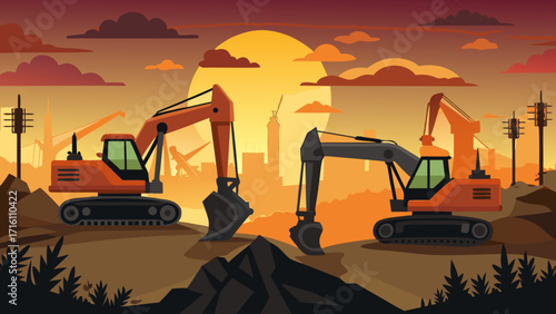 Illustration of two excavators working at a construction site during sunset, with a cityscape silhouette in the background