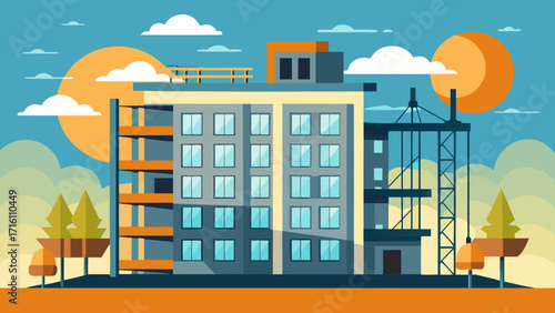 Illustration of a building under construction with cranes and scaffolding, set against a bright sky and sun, showcasing urban development