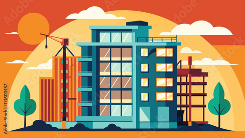 Illustration of a modern building under construction with cranes and scaffolding, set against a vibrant sunset, showcasing urban growth