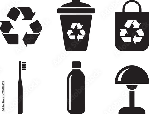 Eco-friendly icons: recycling, bin, bag, toothbrush, bottle, lamp