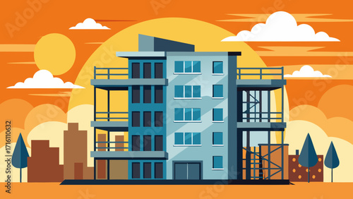 Vector art of modern apartment building under construction against a bright orange sunset sky, showcasing contemporary architecture and urban development in a serene setting