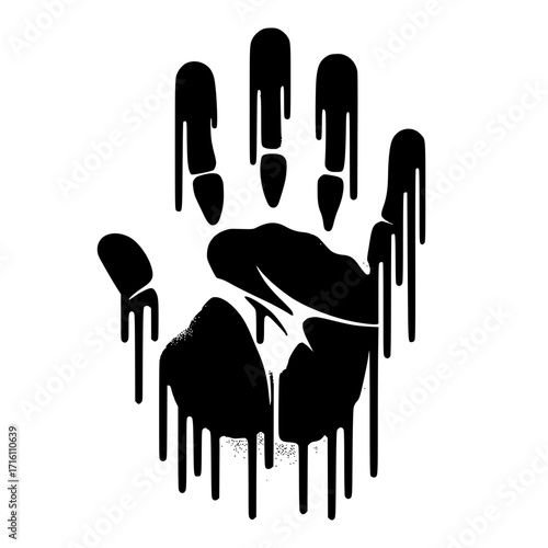 Bold black graffiti handprint dripping with spray paint style vector icon with transparent background 