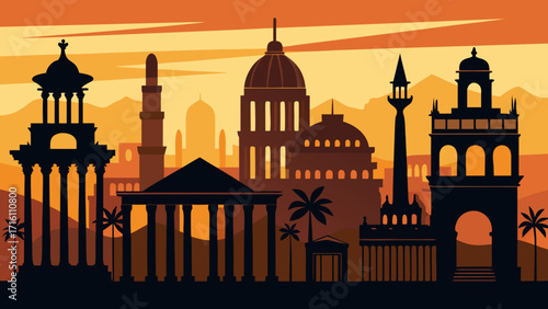 Vector art of detailed silhouette of a historic city skyline featuring domes, minarets, and classical architecture against a warm sunset sky background