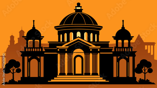 Vector art of silhouette of a grand palace with a central dome and symmetrical architecture against an orange sky, showcasing architectural elegance and grandeur