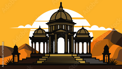 Vector art of silhouette of a majestic palace with a central dome and flanking structures against a sunset backdrop, evoking a sense of serenity and grandeur