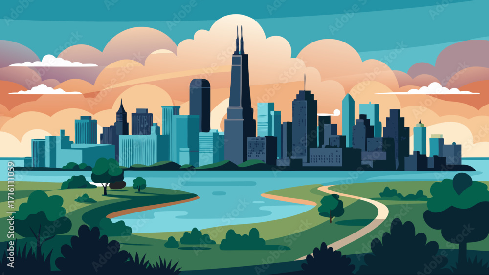 Obraz premium Vector art of a vibrant vector illustration of the chicago skyline, showcasing iconic buildings against a colorful sky and lush green landscape, creating a modern cityscape view